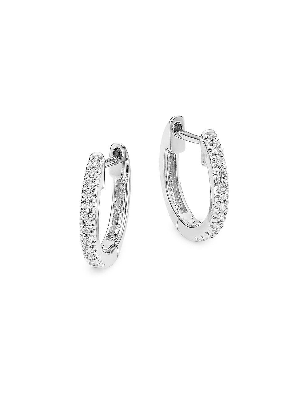 Womens 14K White Gold & 0.07 TCW Diamond Huggie Hoop Earrings Product Image