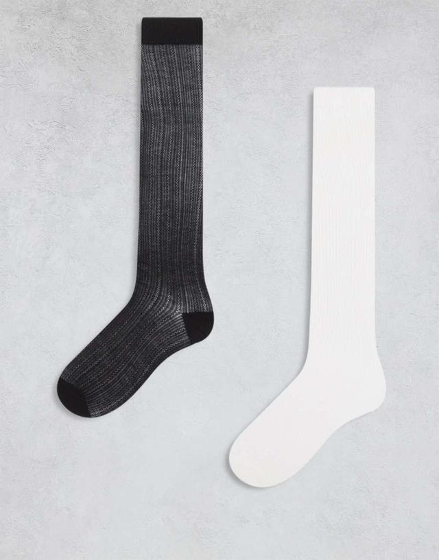 Cotton On pointelle knee socks 2 pack in white black Product Image