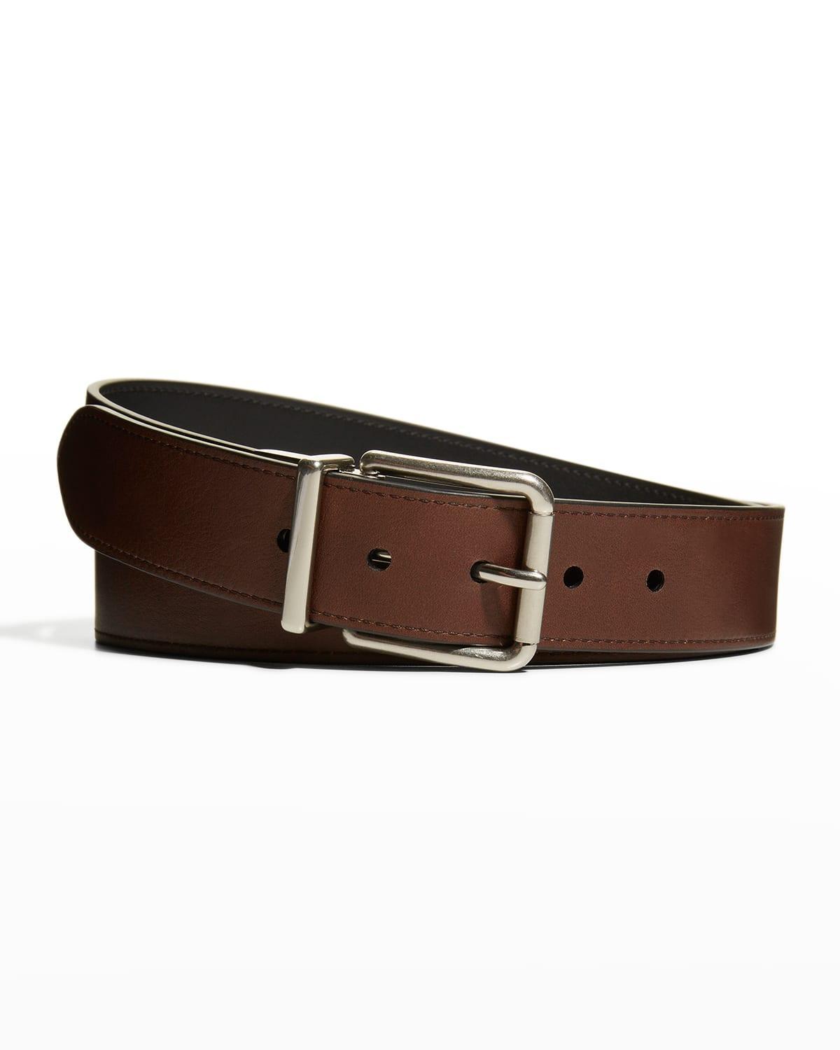 Mens Reversible Rectangular-Buckle Leather Belt Product Image