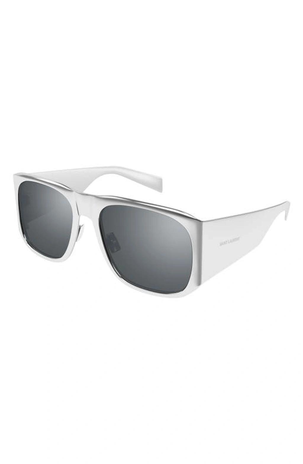 SAINT LAURENT Men's Sl 636 Thick Metal Rectangle Sunglasses In Shiny Silver Product Image