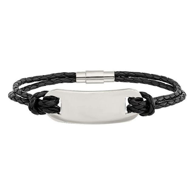 Mens Stainless Steel Woven Black Leather ID Bracelet, Multicolor Product Image