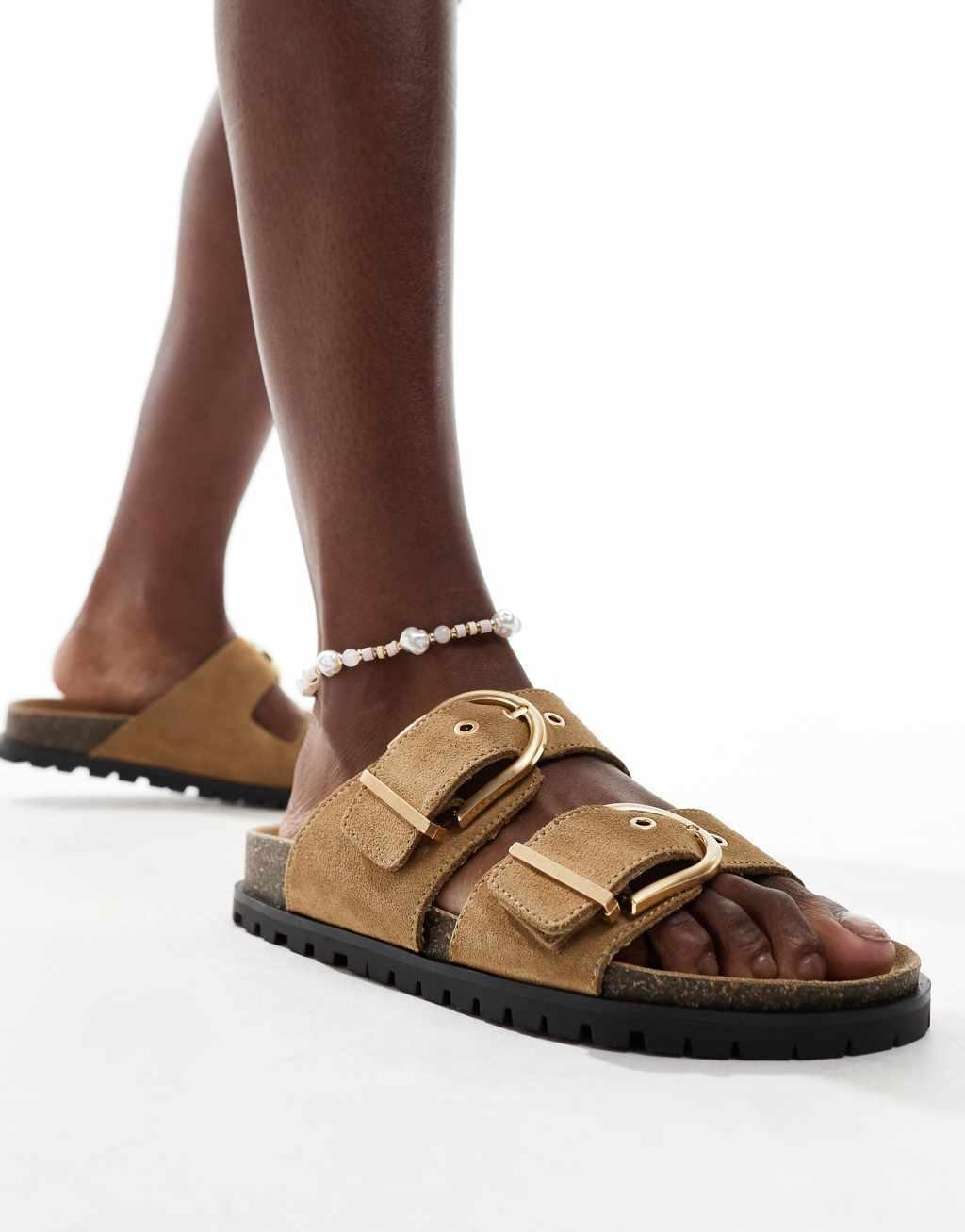 Stradivarius two strap buckle sandals in sand  Product Image