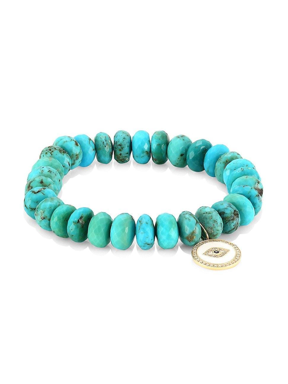 Womens 14K Yellow Gold, Diamond, Sapphire & Turquoise Evil Eye Beaded Bracelet Product Image