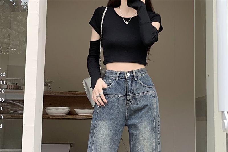 High Rise Washed Straight-Fit Wide-Leg Jeans Product Image