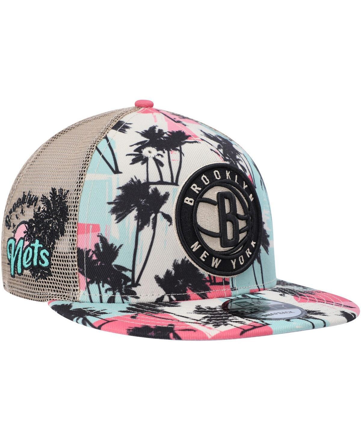 Mens New Era Cream Brooklyn Nets Palm Trees 9FIFTY Trucker Snapback Hat Product Image