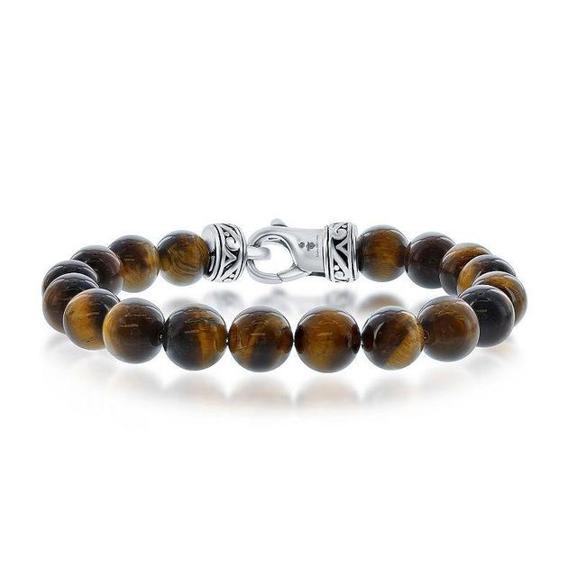 Mens Metallo Stainless Steel Genuine Stone 10mm Bead Bracelet Tiger Eye Product Image