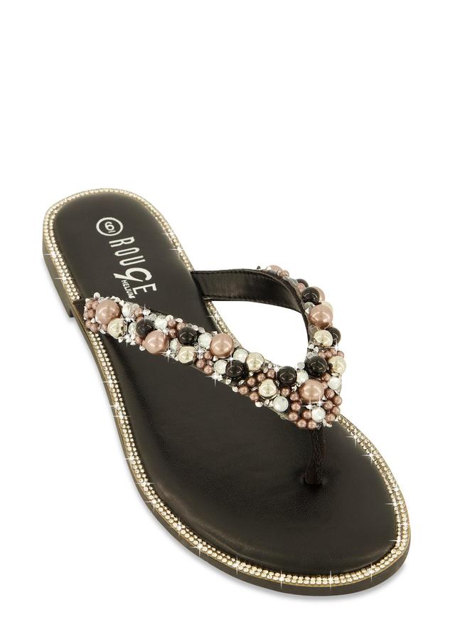 Womens Rhinestone Trim Faux Pearl Thong Sandals Product Image