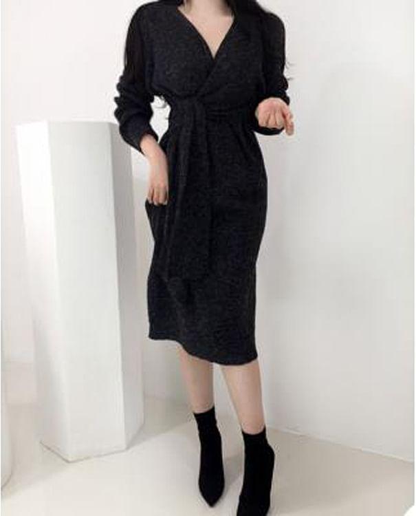 Long Sleeve V-Neck Plain Tie Waist Wrap Midi Sweater Dress Product Image