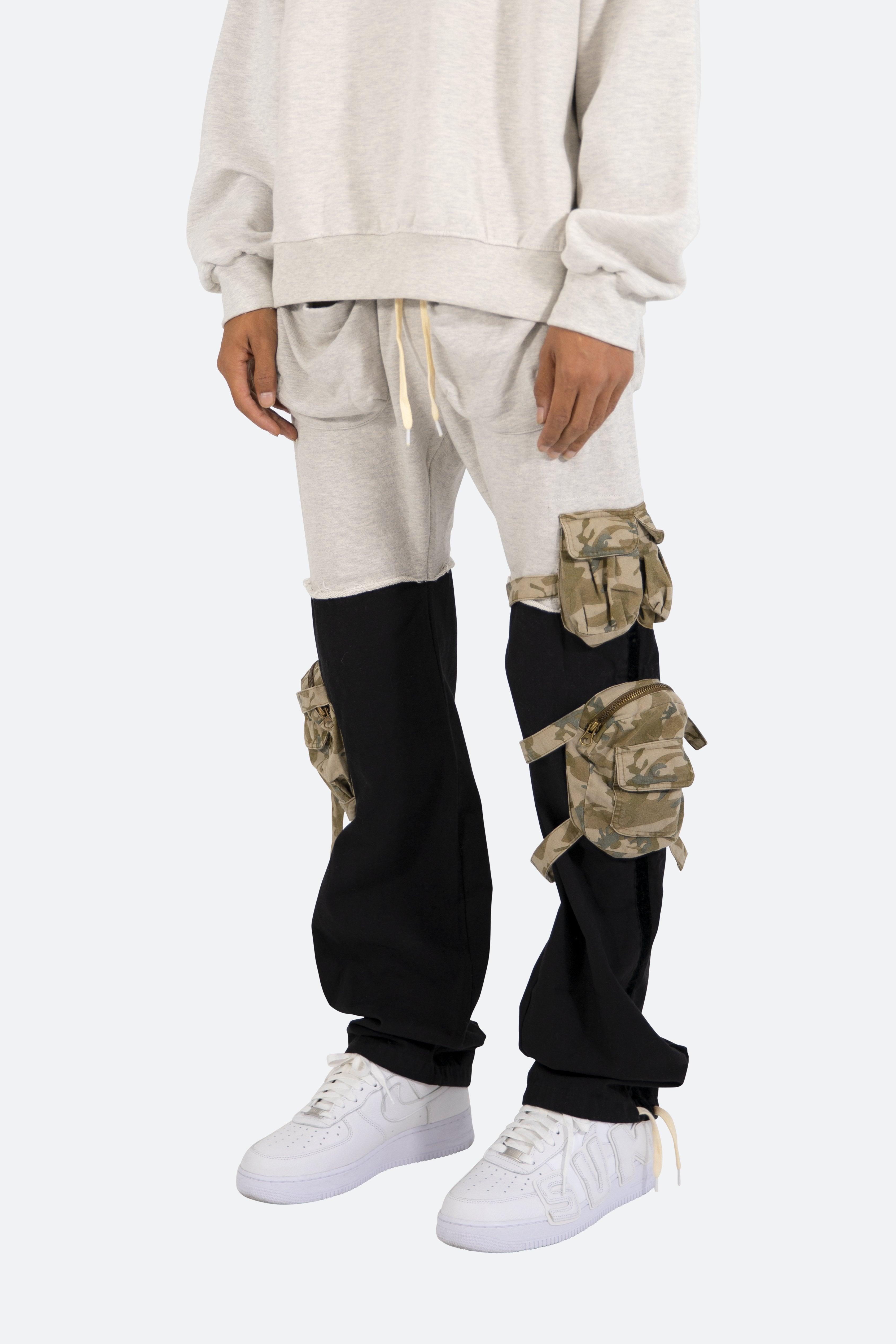 Mixed Material Cargo Pants - Black/Grey Product Image