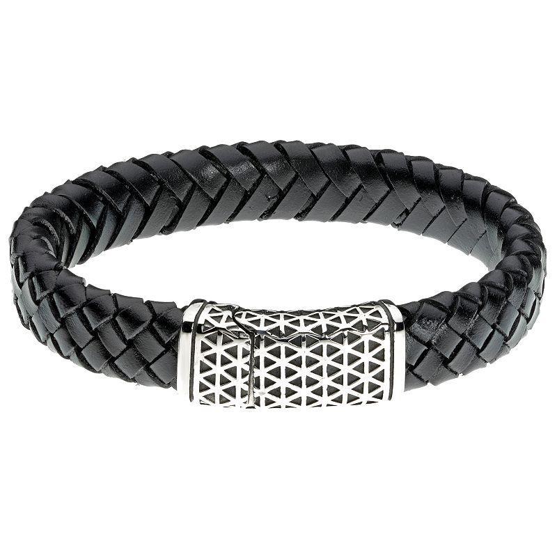 Mens LYNX Stainless Steel & Braided Leather Bracelet Black Product Image