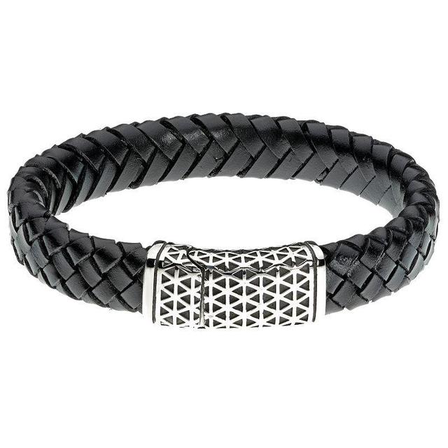 Mens LYNX Stainless Steel & Braided Leather Bracelet Black Product Image