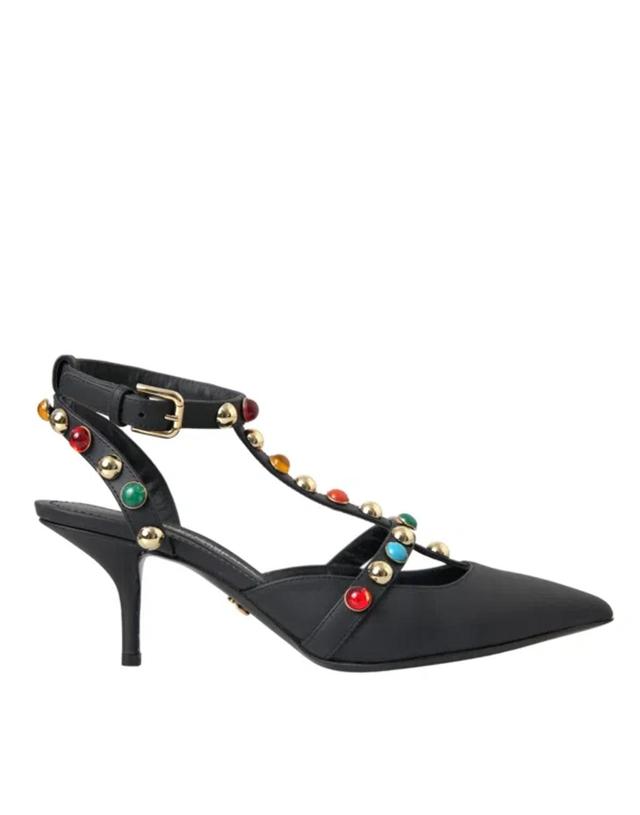 DOLCE & GABBANA Black Leather Embellished Heels Sandal Shoes Product Image