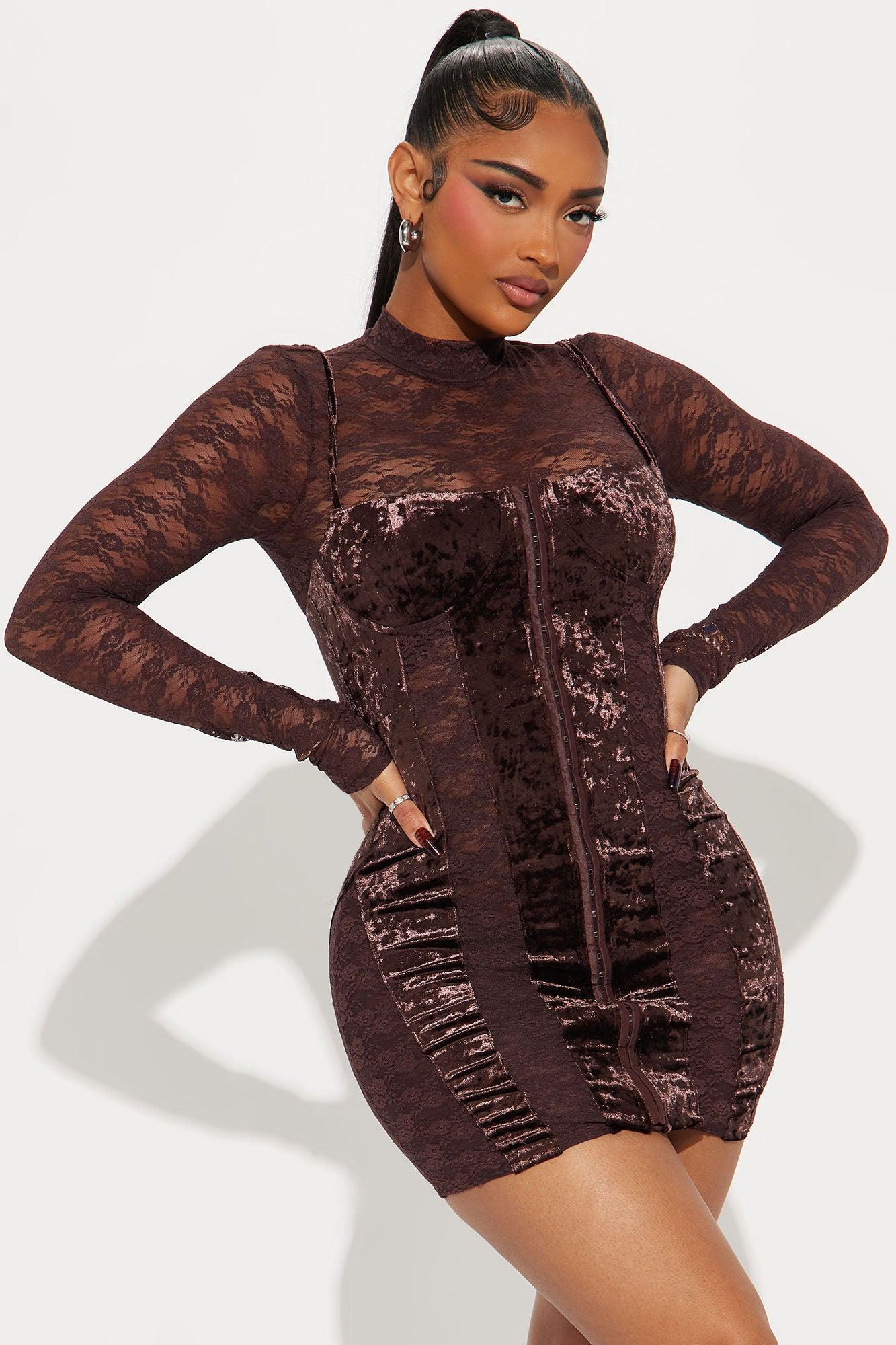 Real Feels Velvet Lace Mini Dress - Chocolate Product Image