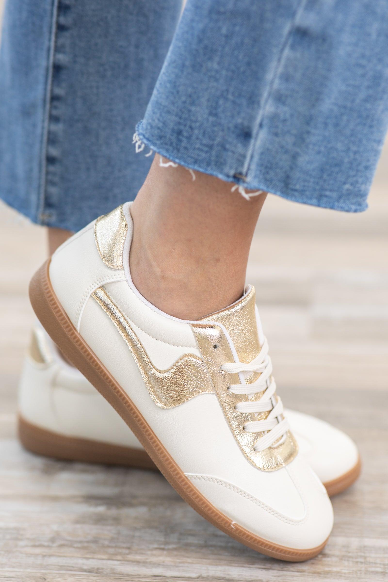 White And Gold Lace Up Sneaker Product Image