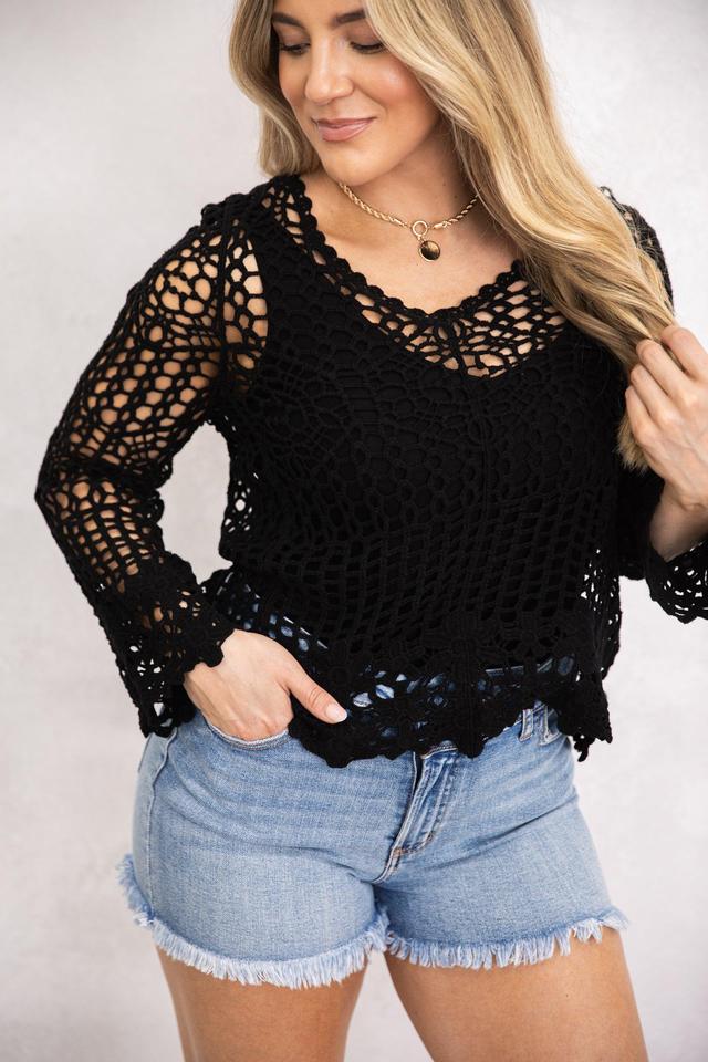 Black V-Neck Crochet Knit Top Product Image