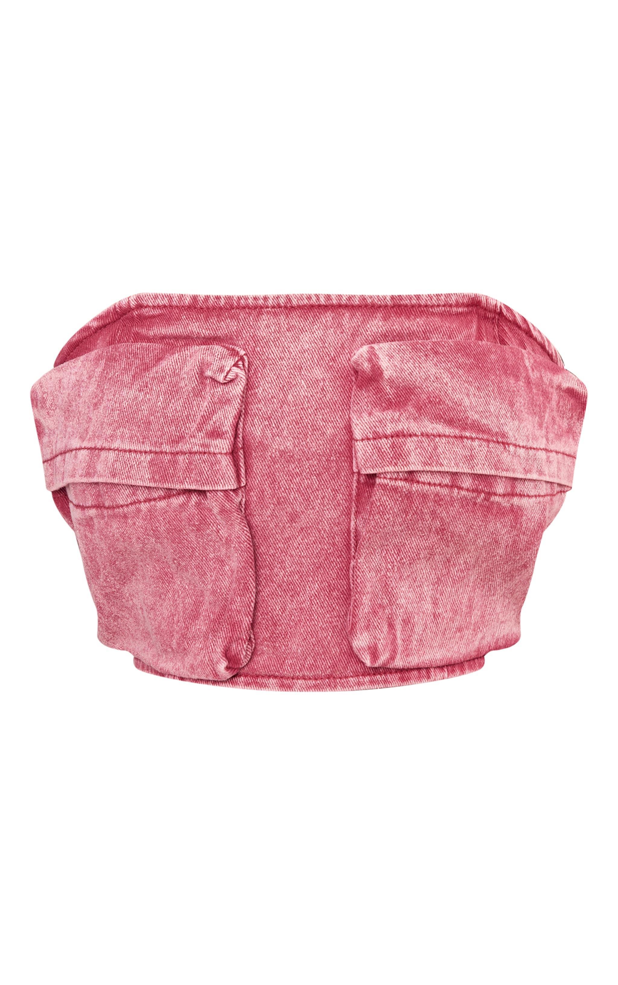 Shape Washed Red Denim Pocket Detail Bandeau Crop Top Product Image