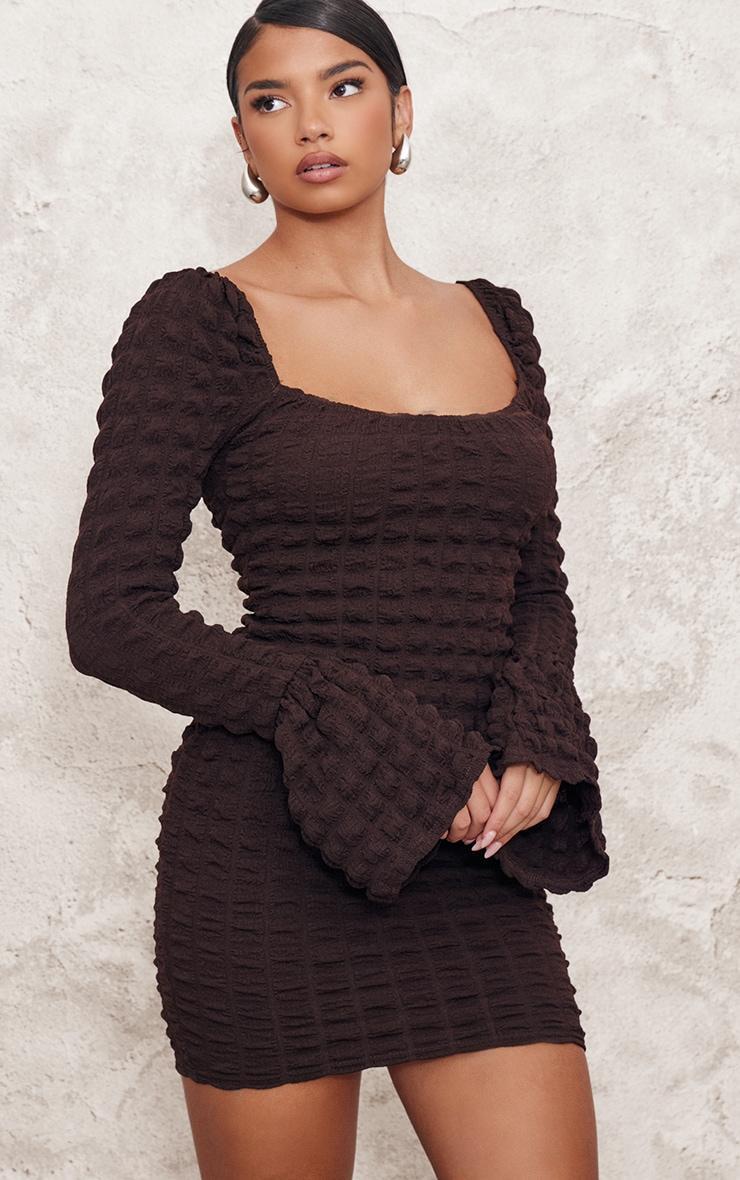 Chocolate Textured Flare Sleeve Bodycon Dress Product Image