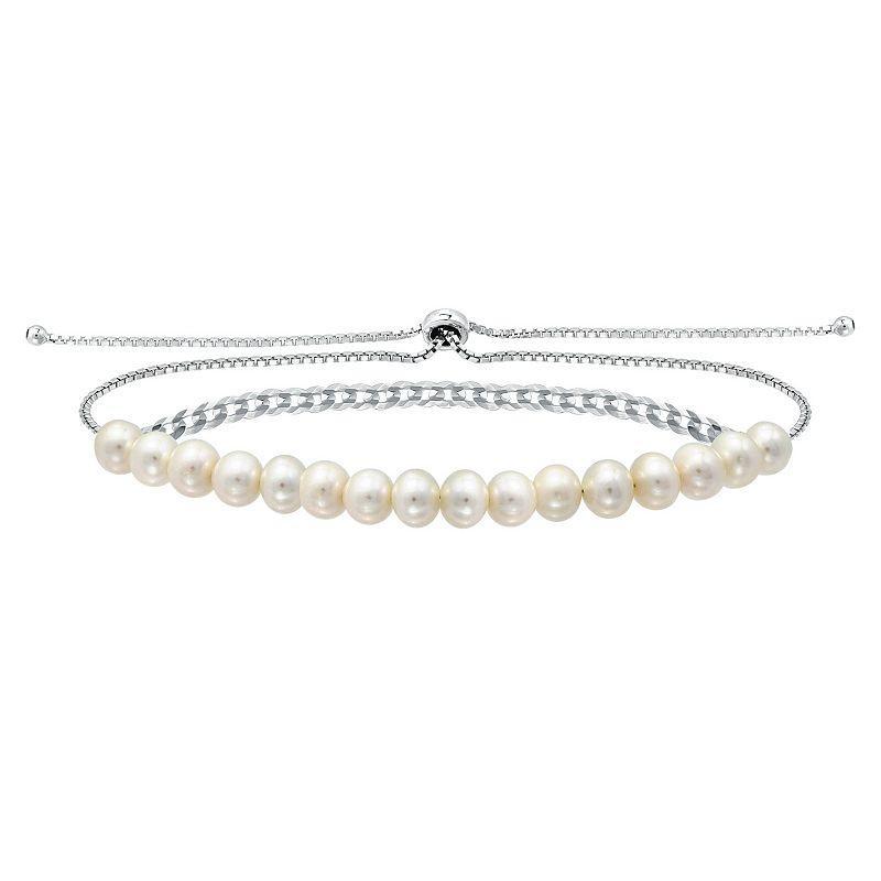 Aleure Precioso Sterling Silver Freshwater Cultured Pearl Curb Chain Adjustable Bracelet, Womens Silver Tone Product Image