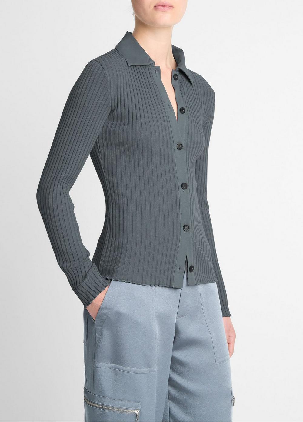 Ribbed Cotton-Blend Button-Front Polo Top Product Image