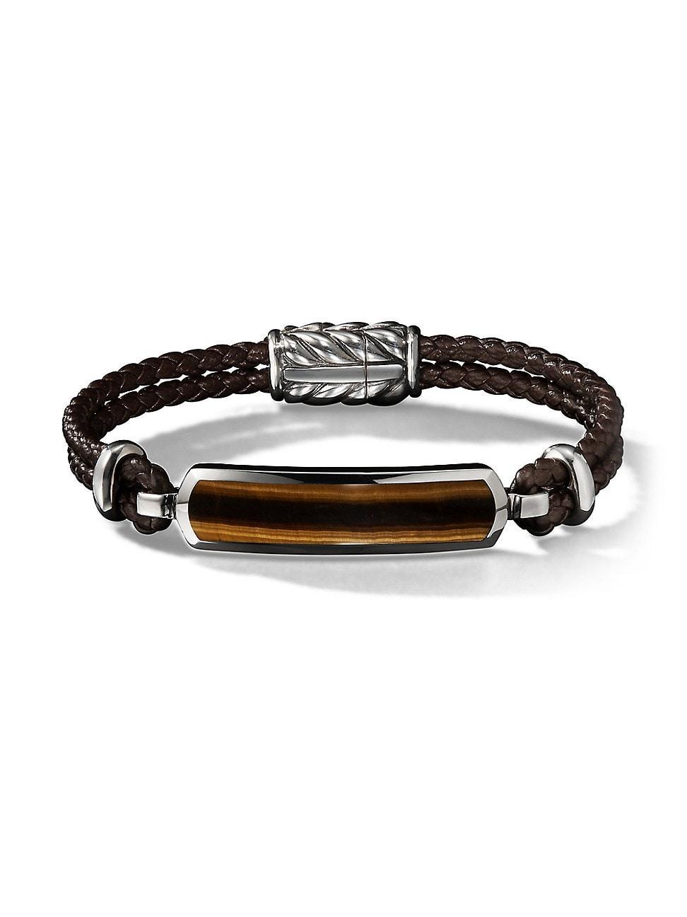 Mens Exotic Stone Bar Station Black Leather Bracelet Product Image