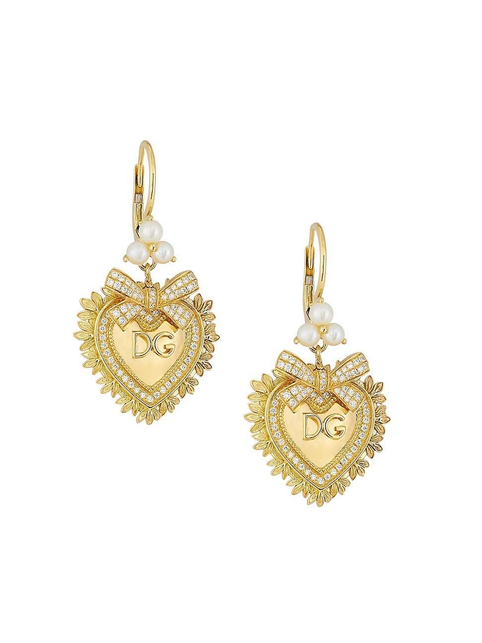 Womens 18K Yellow Gold, Diamond & 3MM Pearl Devotion Drop Earrings Product Image