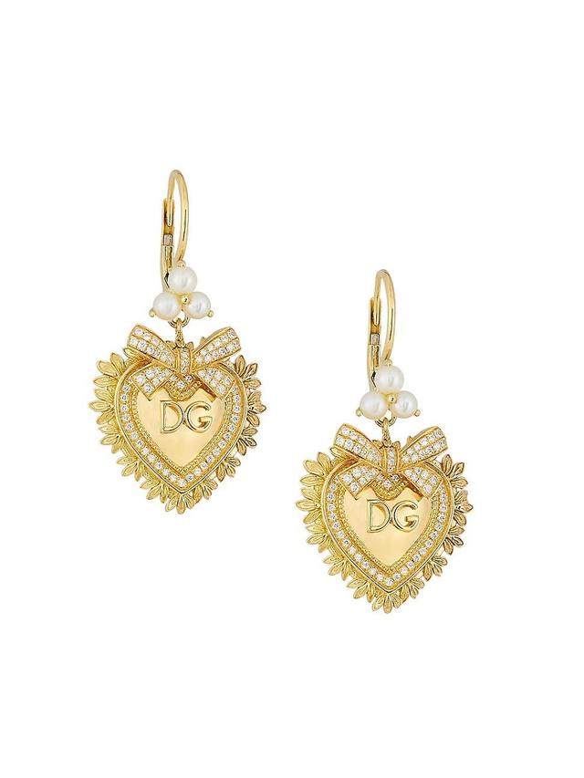 Womens 18K Yellow Gold, Diamond & 3MM Pearl Devotion Drop Earrings Product Image