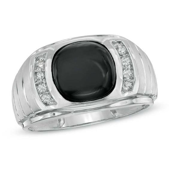 Men's Onyx and 1/8 CT. T.w. Diamond Ring in 14K White Gold Product Image