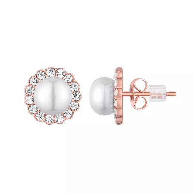 Forever Radiant Rose Gold Over Silver Freshwater Cultured Pearl & Crystal Halo Stud Earrings, Womens, Pink Tone Product Image