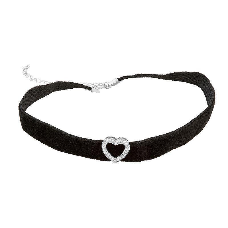 Sterling Silver Cubic Zirconia Heart Velvet Choker Necklace, Womens White Product Image