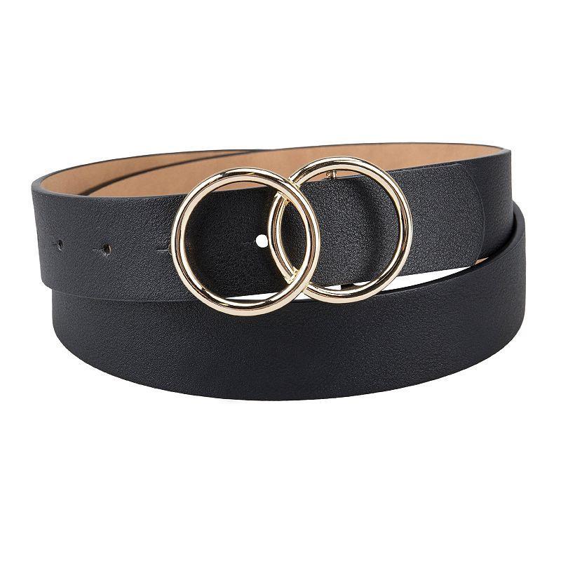 Womens LC Lauren Conrad Interlocking Double Circle Buckle Black Dress Belt Grey Product Image