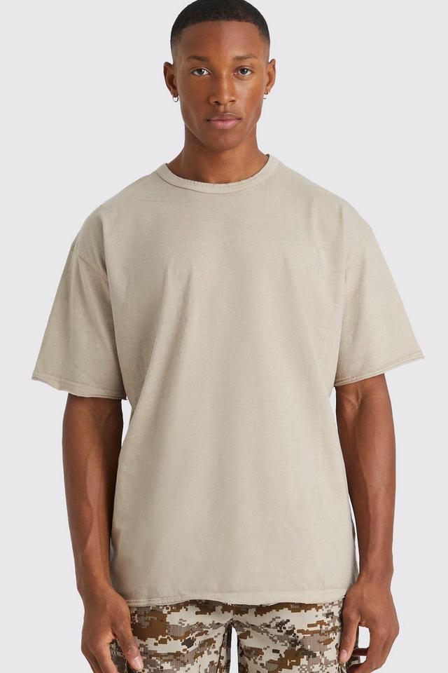 Mens Beige Oversized Heavyweight Washed Raw Hem T-shirt, Beige Product Image