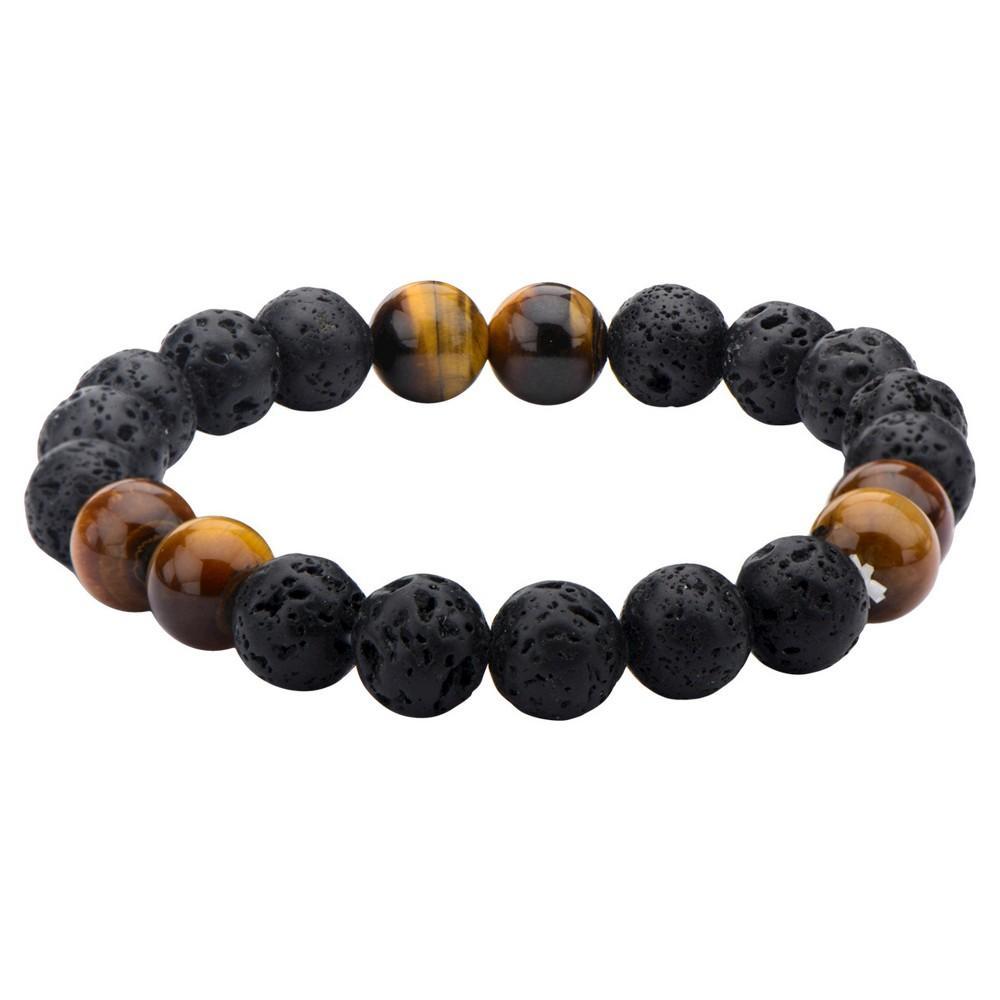 Mens Steel Art Lava and Brown Tiger Eye Beads Beaded Bracelet (8.5) Product Image