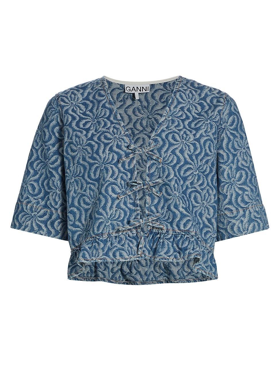 Womens Jacquard Denim Tie-Front Blouse Product Image