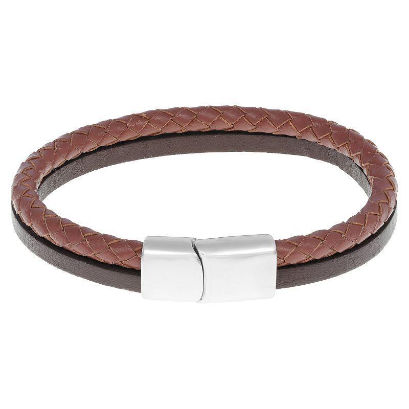 Mens LYNX Stainless Steel & Two-Tone Leather Bracelet Multicolor Product Image