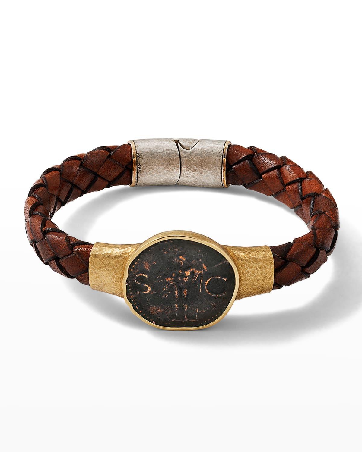 Mens Braided Leather Neptune Coin Bracelet Product Image