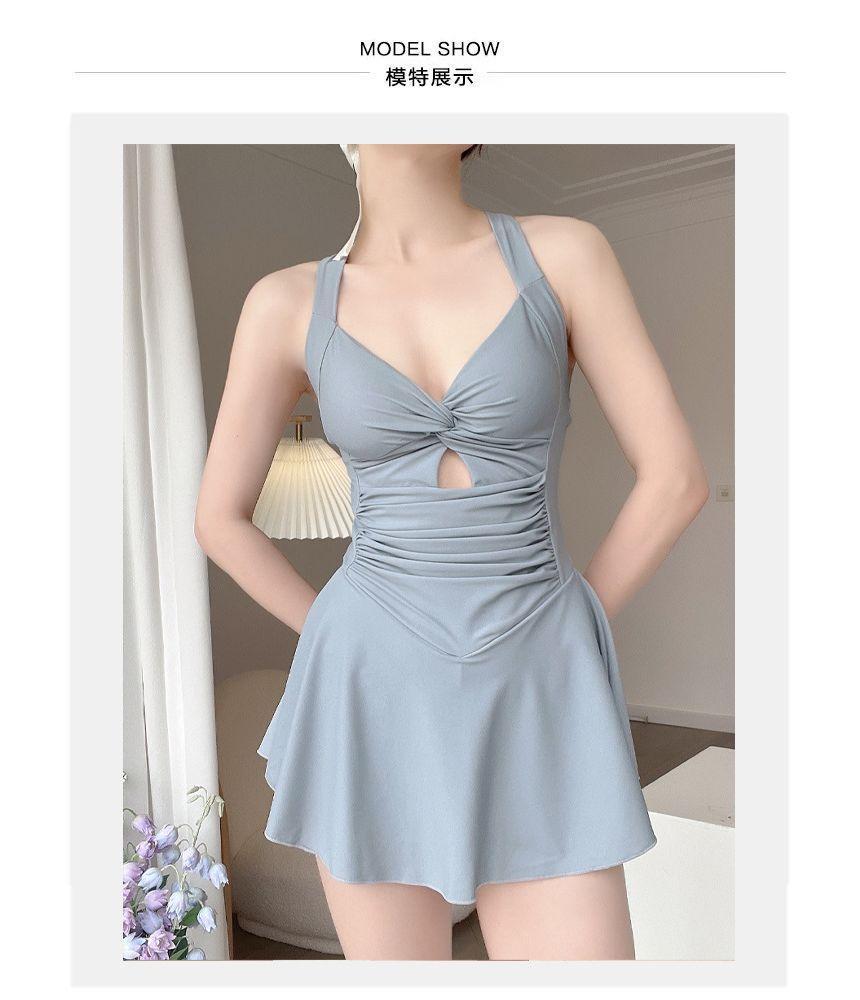 Sleeveless Cut Out Plain Swim Dress Product Image