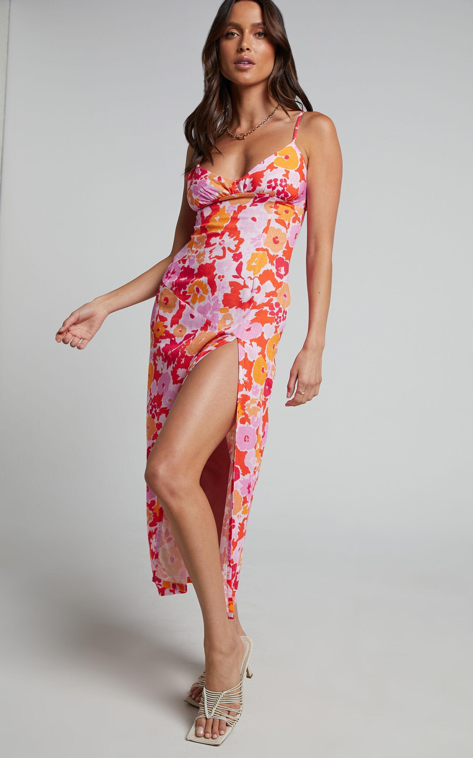 Nikoletta Midi Dress - Linen Look Bias Cut Split Front Dress in Flower Power Product Image