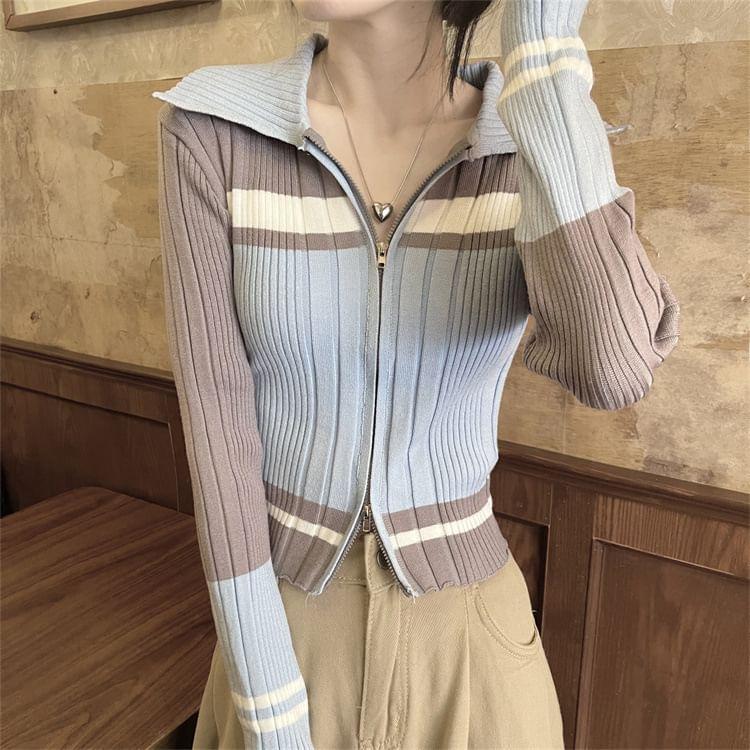 Striped Ribbed Zip Cardigan Product Image