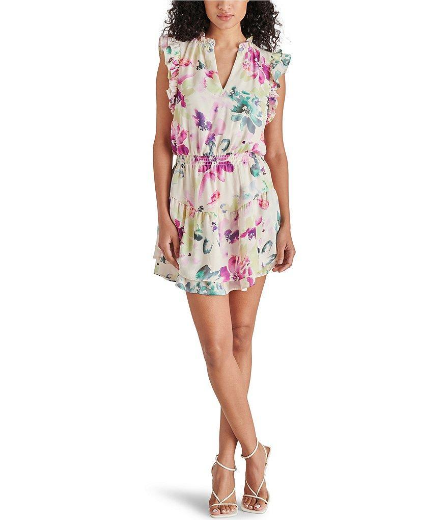 Steve Madden Prairie Dreams Floral Print V-Neck Short Sleeve Tiered Dress Product Image