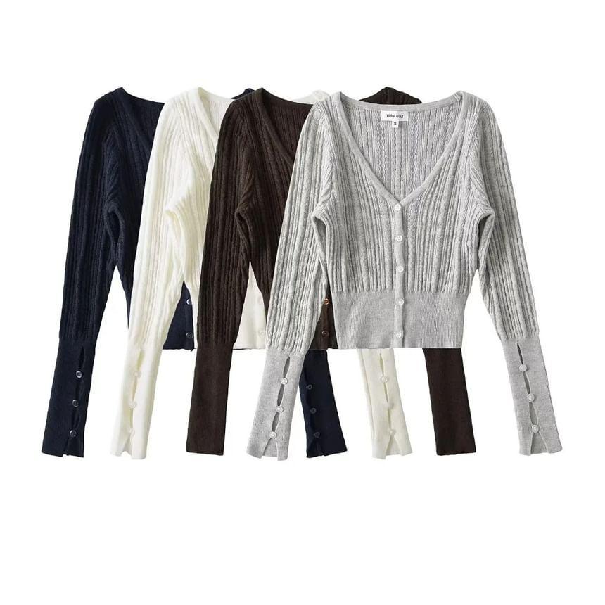 V-Neck Plain Ribbed Crop Cardigan Product Image