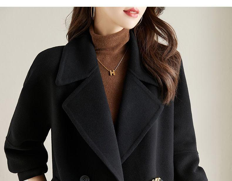 Lapel Collar Plain Double-Breasted Long Coat Product Image