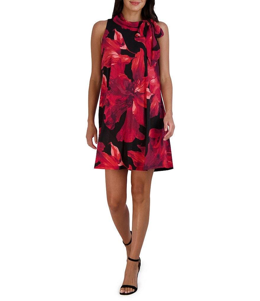 Robbie Bee Floral Print Sleeveless Fold Over Tie Mock Neck Waistless Dress Product Image