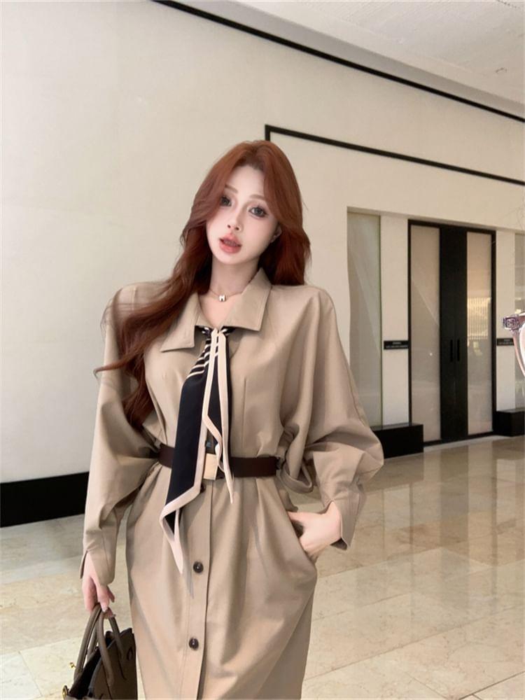 Set: Collared Plain Button-Up Long Trench Coat + Scarf + Belt Product Image