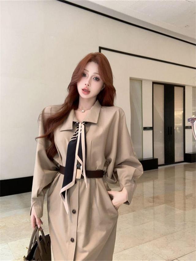 Set: Collared Plain Button-Up Long Trench Coat + Scarf + Belt Product Image