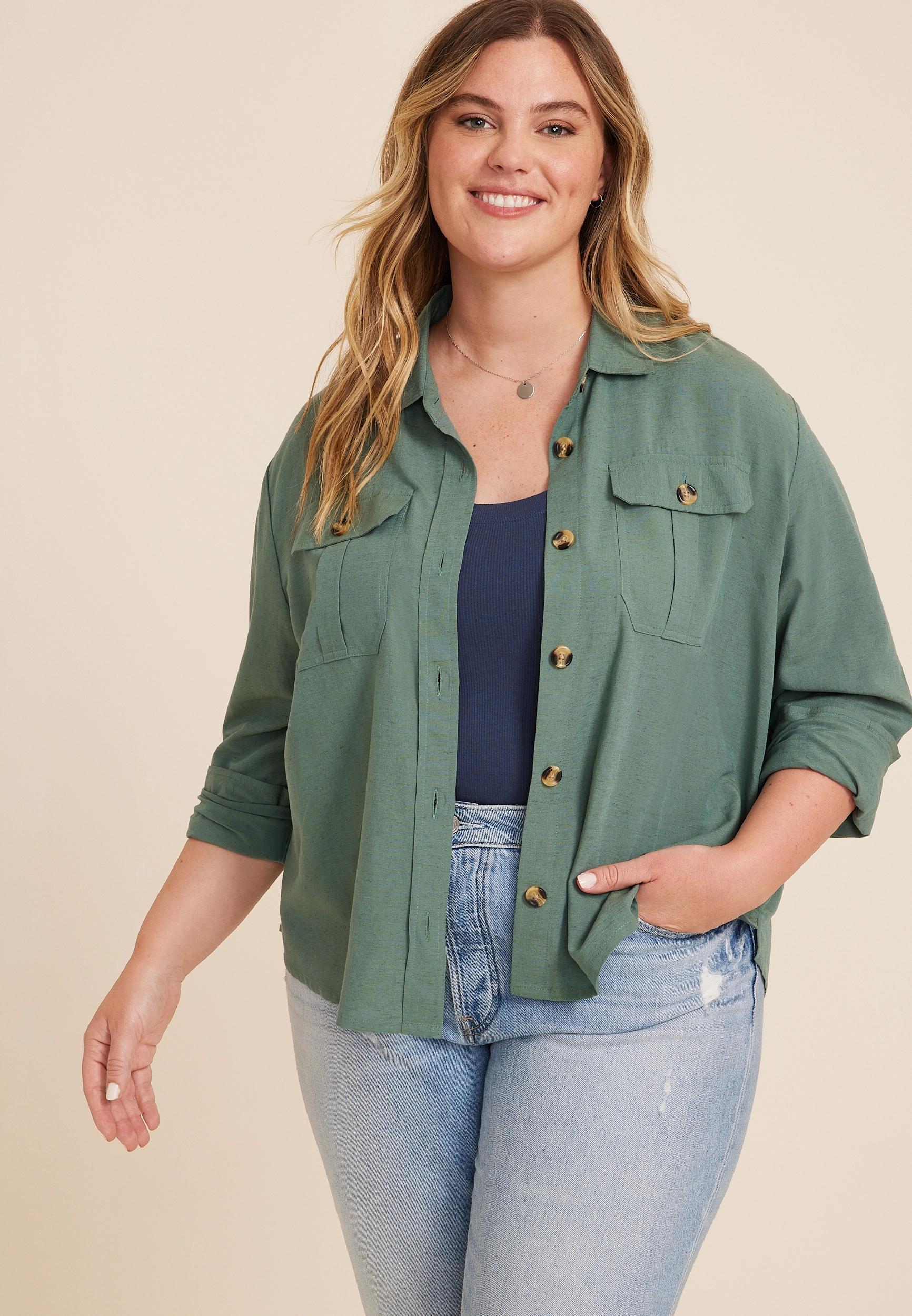 Maurices Plus Size Womens Utility Long Sleeve Button Up Shirt Green Size 4X Product Image