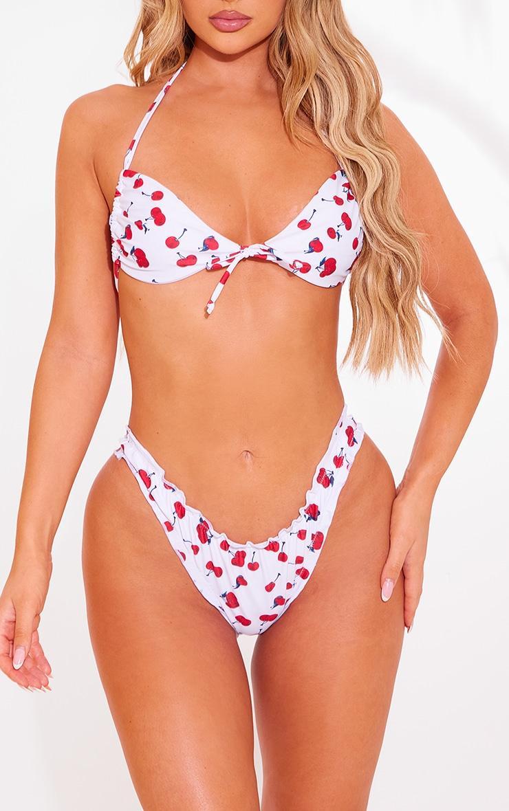 White Cherry Print Ruched High Leg Bikini Bottoms Product Image