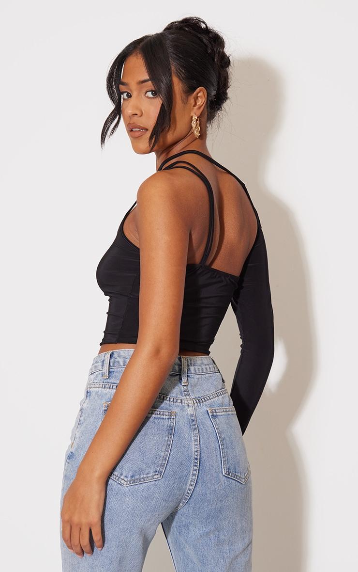 Tall Black Slinky Cut Out One Sleeve Crop Top Product Image