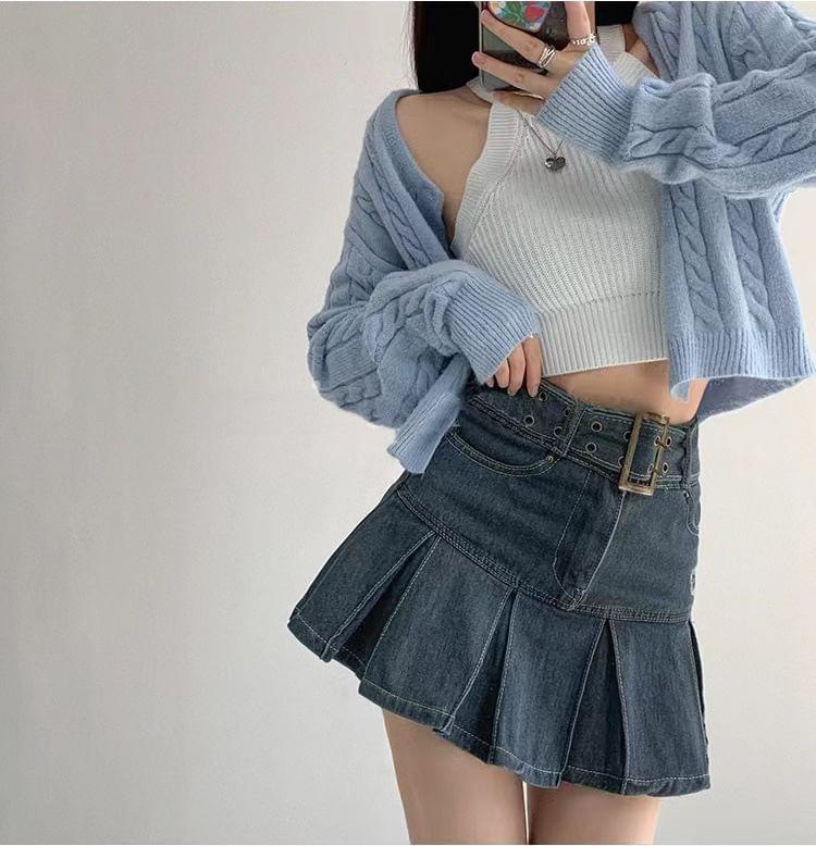 High Rise Belted Denim Mini A-Line  Skirt Product Image