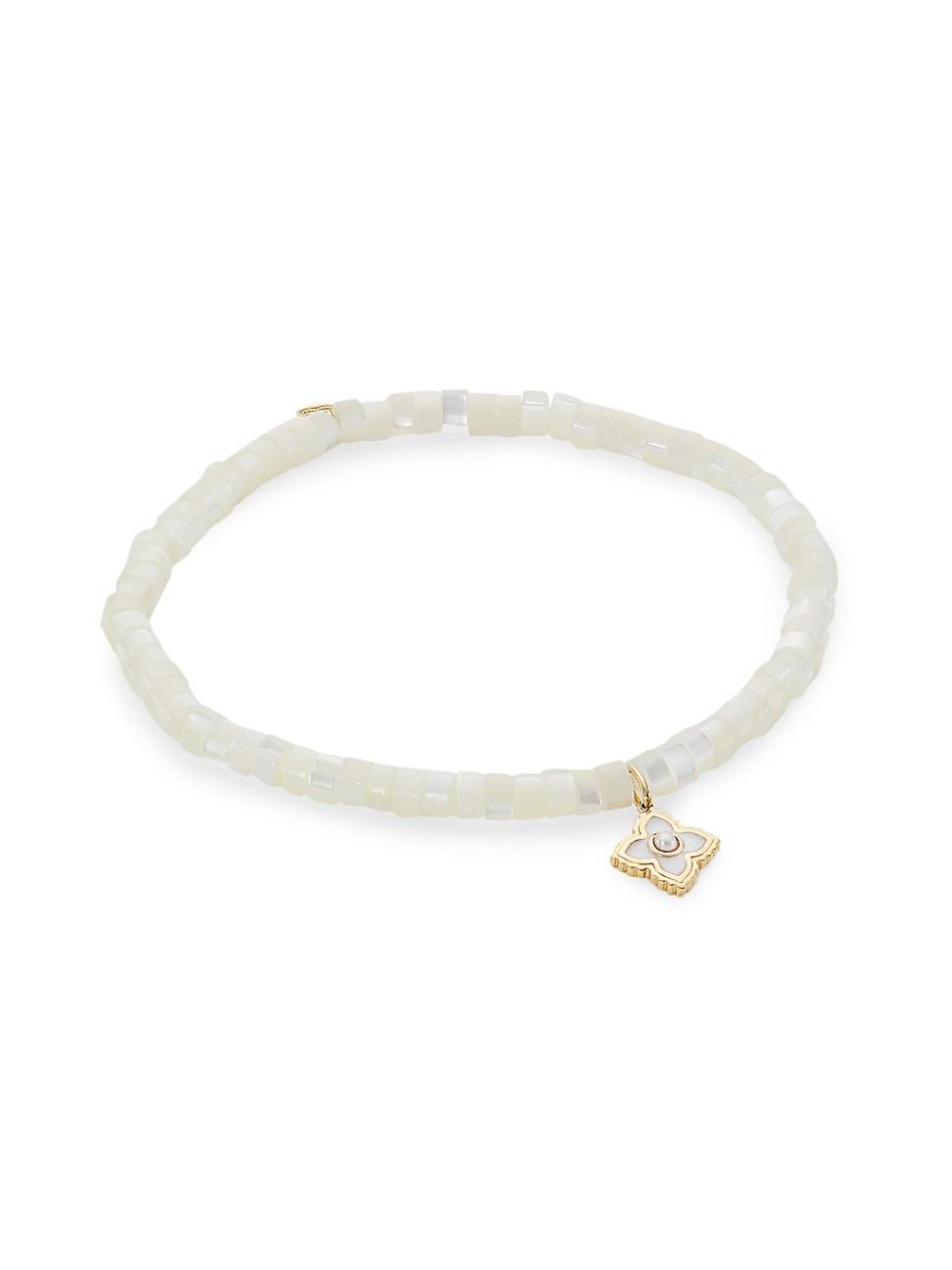 Womens 14K Yellow Gold, Mother-Of-Pearl, & Freshwater Pearl Beaded Stretch Bracelet Product Image