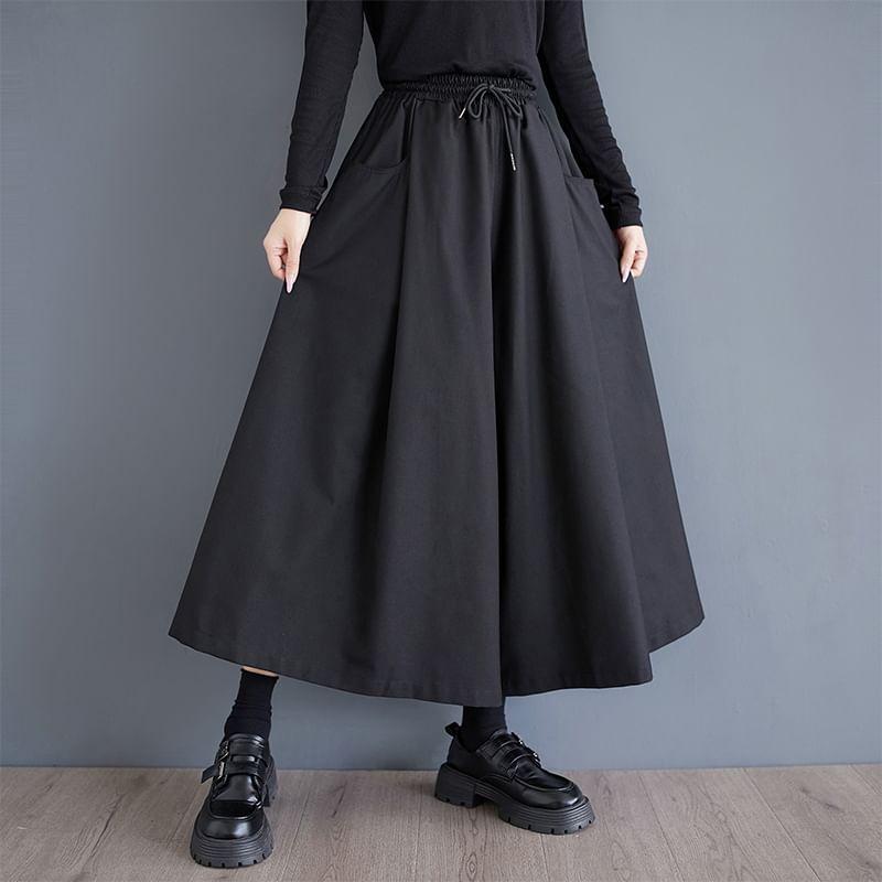 High Waist Plain Midi A-Line Skirt Product Image